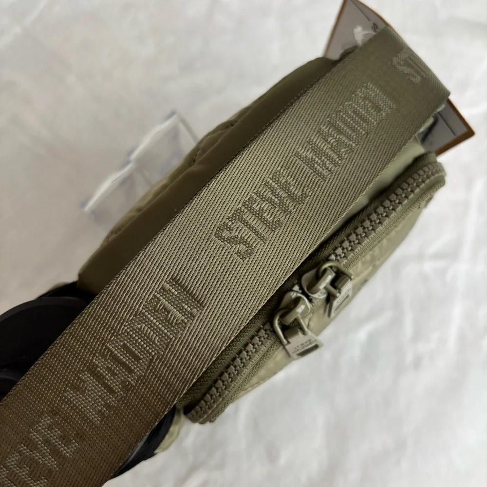 STEVE MADDEN Bavia Olive Green Quilted Crossbody Bag with Attached Water Bottle